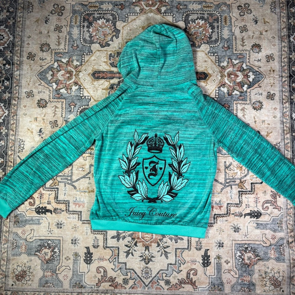 Juicy Couture Teal Green Space Dye Zip Up Hoodie Y2K Crest Logo Rhinestone Large